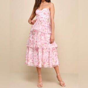 Lulus Pristine Cutie Light Pink Floral Organza Bustier Midi Dress